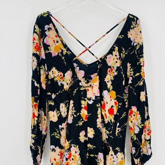 Billabong Size Large Black Secret Moons Long Sleeve Floral Boho Romper - Picture 10 of 12